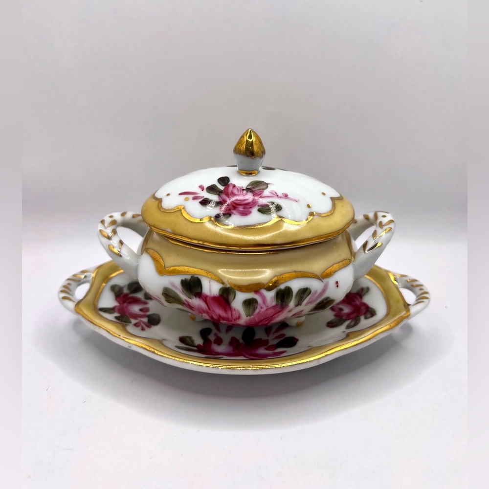 Vintage "N Decor A Sevres" Porcelain Bowl &Tray Gold Gilt Trim Trinket Set